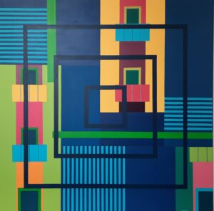 Na zdjęciu jest kolorowy obraz akrylowy autorstwa warszawskiej malarki Joanny Sułek-Malinowskiej, przedstawiający kolorową abstrakcję geometryczną. Obraz jest dostępny w Galerii Wiele Sztuki.