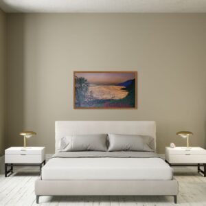 Zdjęcie przedstawia wizualizację wiszącego na ścianie w sypialni obrazu akrylowego autorstwa Jacka Malinowskiego, który przenosi nas w śródziemnomorskie, letnie klimaty. Obraz przedstawia malowniczą grecką wioskę w delikatnych, pastelowych tonacjach i gasnącym świetle zachodzącego słońca, tworząc atmosferę spokoju i melancholii. Idealny dodatek do nowoczesnych wnętrz. Obraz dostępny w Galerii Wiele Sztuki.