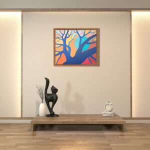 Na zdjęciu jest wizualizacja wiszącego na ścianie obrazu akrylowego autorstwa warszawskiej malarki Joanny Sułek-Malinowskiej. Na obrazie widzimy drzewo z rozłożystymi gałęziami, które częściowo zasłaniają błękitne słońce. Tło obrazu jest wypełnione ciepłymi, jesiennymi kolorami: żółtym, pomarańczowym i różowym. Całość sprawia wrażenie nieco surrealistycznego, baśniowego krajobrazu. Obraz jest dostępny w Galerii Wiele Sztuki.