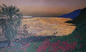 Zdjęcie przedstawia obraz akrylowy autorstwa Jacka Malinowskiego, który przenosi nas w śródziemnomorskie, letnie klimaty. Obraz przedstawia malowniczy, wieczorny widok na morską zatokę na greckiej wyspie Ikarii, w pobliżu wioski Karkinagri. Pastelowe tonacje gasnącego światła zachodzącego słońca tworzą atmosferę spokoju i melancholii. Idealny dodatek do nowoczesnych wnętrz. Obraz dostępny w Galerii Wiele Sztuki.