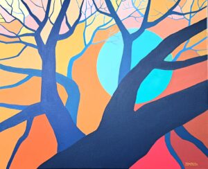 Obraz namalowany farbą akrylową na płótnie. Na obrazie widzimy drzewo z rozłożystymi gałęziami, które częściowo zasłaniają błękitne słońce. Tło obrazu jest wypełnione ciepłymi, jesiennymi kolorami: żółtym, pomarańczowym i różowym. Całość sprawia wrażenie nieco surrealistycznego, baśniowego krajobrazu. Obraz jest dostępny w Galerii Wiele Sztuki.