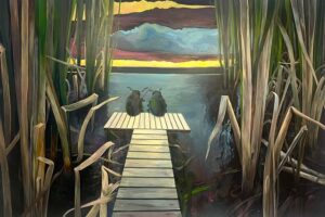 Obraz akrylowy przedstawiający symboliczny pejzaż z jeziorem, pomostem, trzcinami i niebem zabarwionym na żółto promieniami zachodzącego słońca. Na końcu pomostu siedzą dwa odwrócone do widza tyłem owady, jeden z nich trzyma wędkę i łowi ryby. Obraz jest dostępny w Galerii Wiele Sztuki.