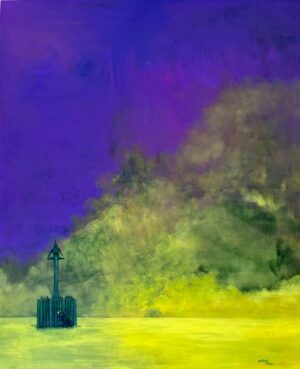 Obraz akrylowy w stylu współczesnego symbolizmu, przedstawiający pejzaż z kapliczką, przed którą widać postać małego owada. Dominują duże plamy koloru żółtego, zielonego i fioletowego. Obraz jest dostępny w Galerii Wiele Sztuki.