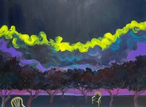 Dyptyk (dzieło składające się z dwóch obraz ów) pod tytułem „Odpoczynek” przedstawia surrealistyczny pejzaż zdominowany przez intensywne, kontrastujące kolory. Dramatyczne, falujące chmury w żywych odcieniach żółci i fioletu górują nad mrocznym tłem. Na pierwszym planie, wśród drzew, znajdują się dwa żółte plastikowe krzesła, na jednym z nich spoczywa owad. Kompozycja zaprasza do kontemplacji i interpretacji, sugerując głębsze znaczenie ukryte za pozorną prostotą. Obraz jest dostępny w Galerii Wiele Sztuki.