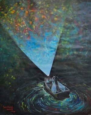 Obraz akrylowy przedstawiający muchę płynącą łódką po ciemnym jeziorze, oświetlającą sobie drogę latarką. Obraz jest dostępny w Galerii Wiele Sztuki.