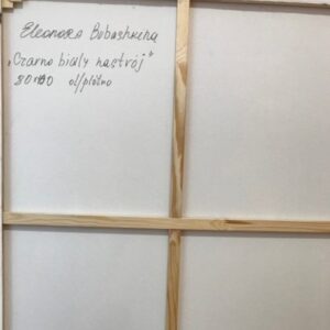 Na zdjęciu jest widoczne odwrocie (tylna strona płótna) obrazu olejnego autorstwa białoruskiej malarki Eleanory Bubashkiny, pod tytułem „Czarno-biały nastój”. Na zdjęciu widać napisane ręcznie przez malarkę: imię i nazwisko artystki, tytuł obrazu, jego wymiary, technikę i rok powstania. Sygnatury są umieszczone w lewym, górnym rogu płótna. Obraz jest dostępny w Galerii Wiele Sztuki.