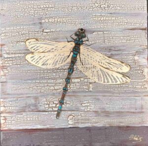 Delikatna ważka o niebieskim odwłoku i półprzeźroczystych skrzydłach, przedstawiona od góry, spoczywa na starej, drewnianej desce. Pęknięcia i nierówności na powierzchni drewna dodają obrazowi głębi i tekstury. Obraz dostępny w Galerii Wiele Sztuki.