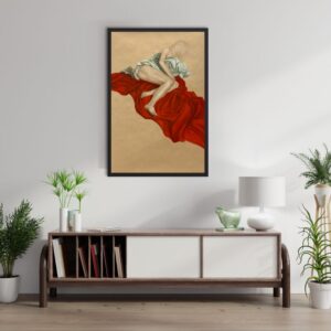 Na zdjęciu widać wizualizację w przykładowym wnętrzu rysunku autorstwa poznańskiej artystki Zofii Słupczyńskiej, pochodzącego z cyklu pod tytułem „Portret współczesnej kobiety”. Rysunek przedstawia kobietę leżącą na rozpostartej, intensywnie czerwonej tkaninie. Jej ciało, częściowo zasłonięte dużą chustą w zielono-szarych tonacjach, tworzy wizualnie złożoną i emocjonalnie nacechowaną scenę. Praca jest dostępna w Galerii Wiele Sztuki.