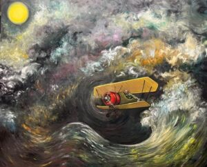 Obraz olejny w stylu surrealistycznym pod tytułem Ku słońcu, przedstawiający pilotowany przez muchę mały, czerwono-żółty dwupłatowy samolot. Samolot leci tuż nad wzburzonym morzem ze sztormowymi falami, niebo jest pokryte burzowymi chmurami. W lewym, górnym rogu obrazu widać żółte słońce. Obraz jest dostępny w Galerii Wiele Sztuki.