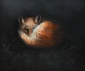 Zdjęcie obrazu olejnego autorstwa Klaudii Chomy. Obraz przedstawia portret lisa w realistycznym stylu. Lis leży skulony w ciemności, jego oczy świecą w mroku, a ruda sierść kontrastuje z ciemnym tłem. Obraz dostępny w galerii wiele Sztuki.