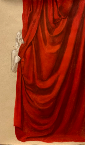 Rysunek przedstawiający kobietę stojącą za czerwoną tkaniną, widać tylko fragment jej twarzy i ramienia. Dominującą barwą jest głęboka czerwień kurtyny, kontrastująca z jasnym, beżowym tłem. Praca jest dostępna w Galerii Wiele Sztuki.