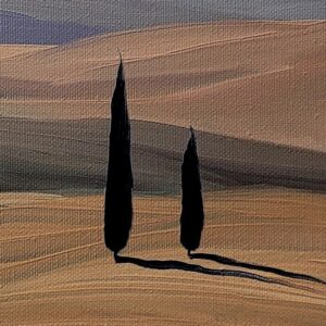 Ten fragment obrazu olejnego Jacka Malinowskiego pod tytułem Val d’Orcia IV przedstawia zbliżenie na smukłe dwa cyprysy górujące nad łagodnymi wzgórzami Toskanii. Obraz doskonale oddaje charakterystyczny klimat włoskiego krajobrazu. Obraz jest dostępny w Galerii Wiele Sztuki.