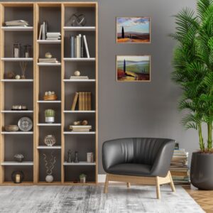 Obrazy do salonu – wizualizacja z dwoma akrylowymi pejzażami Val d'Orcia autorstwa Jacka Malinowskiego. Galeria Wiele Sztuki – obrazy na sprzedaż.