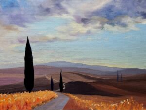 Oryginalny obraz akrylowy przedstawiający pejzaż toskańskiej doliny Val d’Orcia autorstwa Jacka Malinowskiego. Galeria Wiele Sztuki – sztuka online. Obraz dostępny w Galerii Wiele Sztuki.