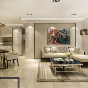 Przykładowa aranżacja z abstrakcyjnym obrazem olejnym „Kompozycja 1” Wiktorii Kuczewskiej, mająca na celu pokazanie, jak obraz prezentuje się w przestrzeni mieszkalnej. Obraz jest dostępny w Galerii Wiele Sztuki.