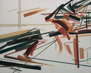 Wiktoria Kuczewska, Kompozycja 3, Abstrakcyjny obraz olejny, dynamiczna kompozycja z linii i plam barwnych w odcieniach zieleni, brązów, beżu i zgaszonej czerwieni na białym tle. Idealny do nowoczesnych wnętrz. Obraz jest dostępny w Galerii Wiele Sztuki.