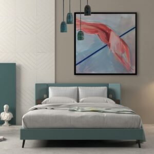 Przykładowa aranżacja wnętrza z obrazem „Przeskok 2” Wiktorii Kuczewskiej, mająca na celu pokazanie, jak obraz o tematyce ruchu i skoku prezentuje się w przestrzeni nowoczesnej sypialni, oferowany przez Galerię Wiele Sztuki.