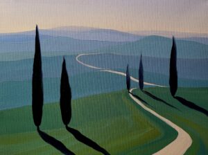 Malowniczy krajobraz doliny Val d’Orcia w Toskanii, obraz akrylowy autorstwa Jacka Malinowskiego, dostępny w Galerii Wiele Sztuki.