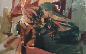 Ekspresyjna abstrakcja olejna, emanująca energią i ruchem, z ukośnymi liniami i przenikającymi się formami, Wiktoria Kuczewska, do kupienia online w galerii Galeria Wiele Sztuki