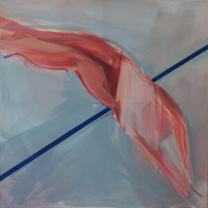 Obraz olejny Wiktorii Kuczewskiej „Przeskok 2”, łączący w sobie elementy postkubizmu, abstrakcji geometrycznej i pewne cechy ekspresjonizmu, przedstawiający motyw skoku wzwyż, w odcieniach różu, szarości i błękitu, do kupienia online w galerii sztuki Galeria Wiele Sztuki.