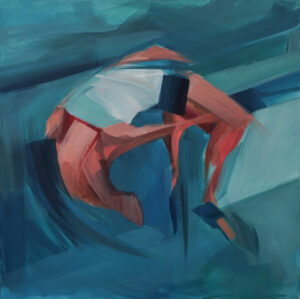 Obraz olejny „Przeskok 3”, łączący w sobie elementy postkubizmu, abstrakcji geometrycznej i pewne cechy ekspresjonizmu, z motywem skoku, w odcieniach błękitu i czerwieni, do kupienia online w galerii sztuki Galeria Wiele Sztuki.