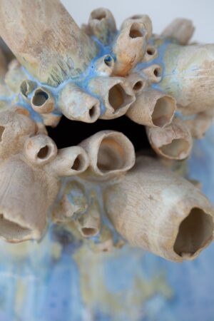 Misa ceramiczna, unikatowa, ręcznie formowana i zdobiona przez artystę ceramika artystyczna. Idealna jako centralny element dekoracyjny stołu lub komody. Widok na misę z góry. Widoczne ceramiczne zdobienia w formie bałtyckich pąkli. Dostępna w Galerii Wiele Sztuki.