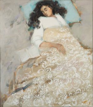 Na zdjęciu jest utrzymany w pastelowych, jasnych kolorach obraz olejny 