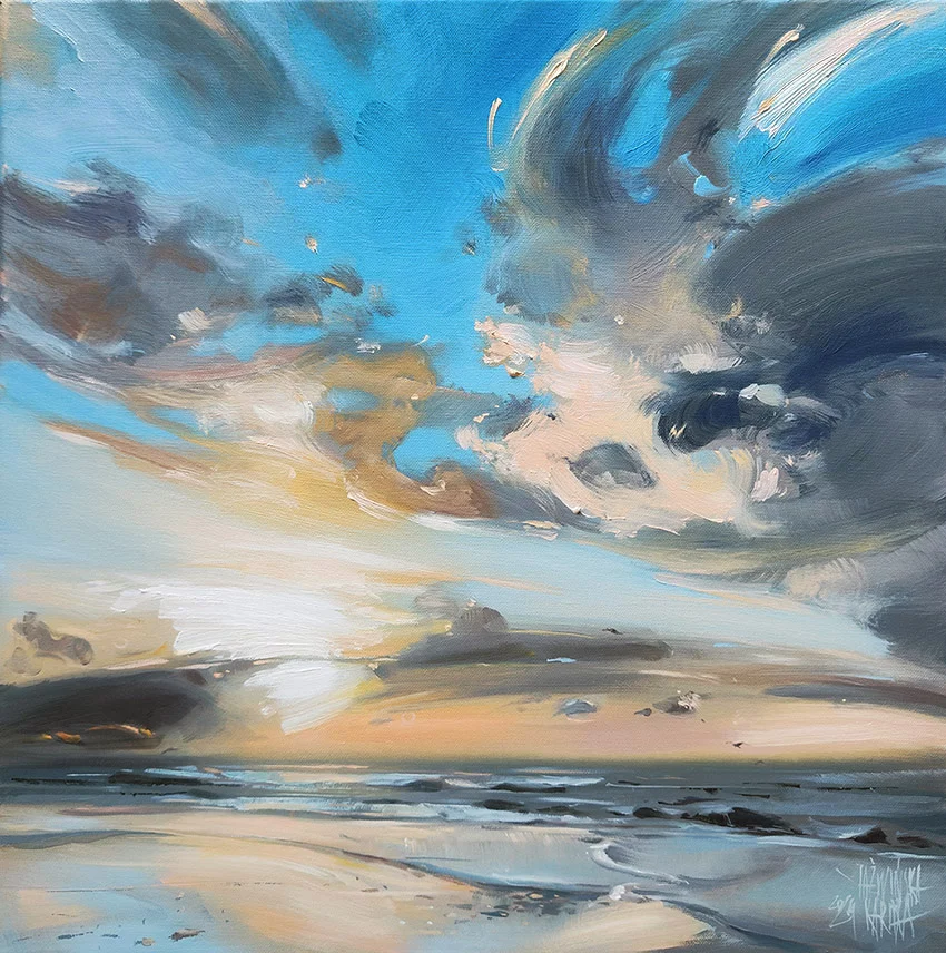 "Jestem morzem" - unikalny obraz olejny Kariny Jaźwińskiej, idealny do nowoczesnego wnętrza. Pejzaż morski, wschód słońca, Bałtyk. Galeria Wiele Sztuki.