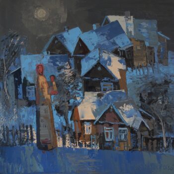 Daniel Gromacki - Moje Podlasie III: Nastrojowy obraz olejny - noc, zima, Podlasie. Klimatyczny pejzaż podlaskiej wsi w bladym świetle księżyca. Galeria Wiele Sztuki.