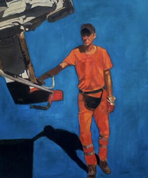 Obraz olejny Bartosza Kościołka „Do roboty” z cyklu „Rozkopane”, przedstawiający portret robotnika w charakterystycznym pomarańczowym ubraniu, stojącego przy jakiejś maszynie, której fragment jest widoczny w lewym, górnym rogu kompozycji. Obraz dostępny w Galerii Wiele Sztuki. Sztuka współczesna, malarstwo olejne, scena z życia codziennego.