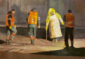 Obraz olejny Bartosza Kościołka „Robotnicy” z cyklu „Rozkopane”, przedstawiający scenę miejską z pracownikami w roboczych ubraniach, wykonujących jakąś pracę. Mocne oświetlenie sceny, padające z prawej strony sugeruje prace wykonywane nocą. Obraz dostępny w Galerii Wiele Sztuki. Sztuka współczesna, malarstwo olejne, scena z życia codziennego.