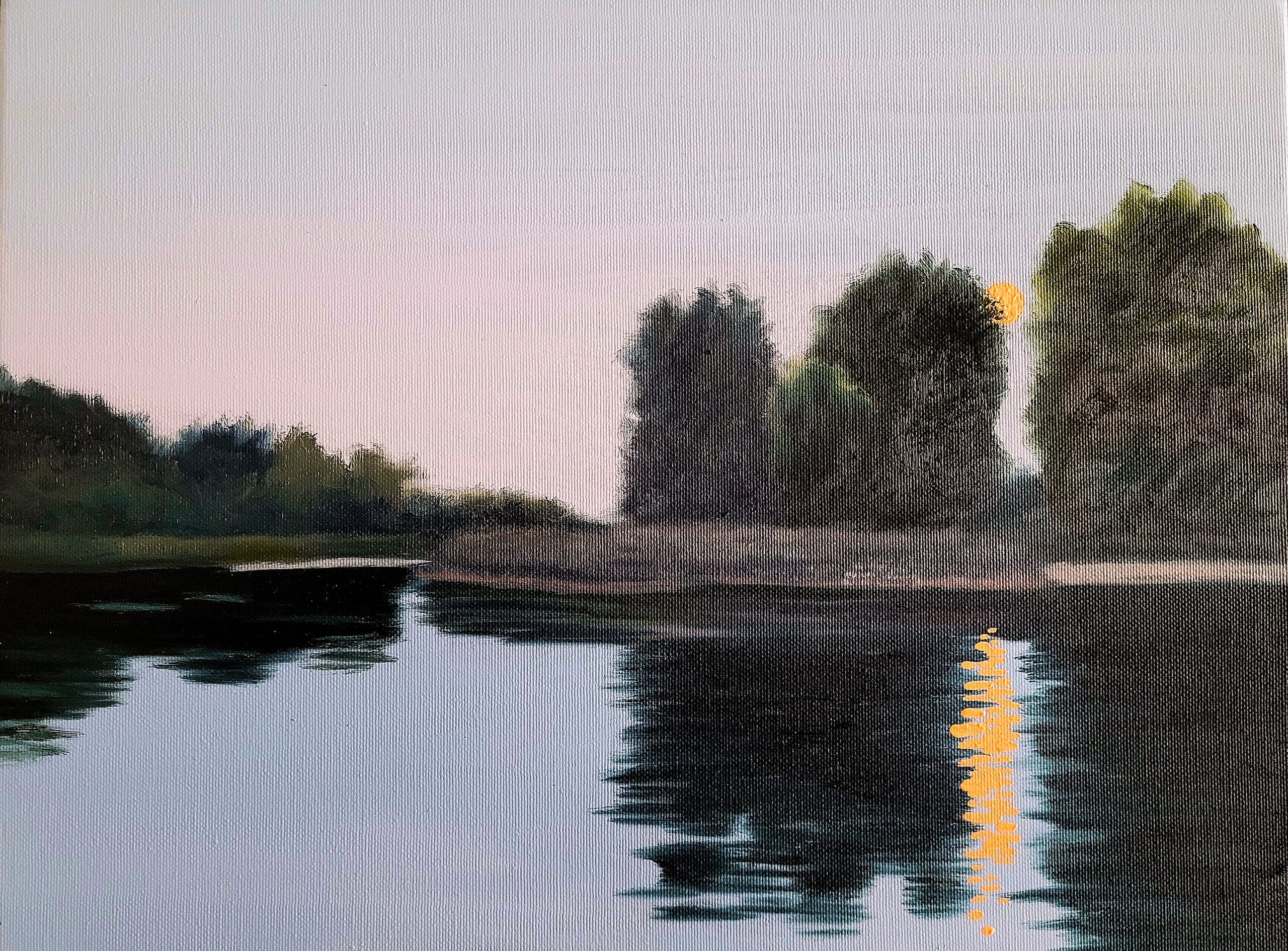 Obraz olejny autorstwa Jacka Malinowskiego, zatytułowany "Paesaggio VII". Dostępny w ofercie internetowej Galeria Wiele Sztuki. Pejzaż przedstawia zachód słońca nad spokojną rzeką lub jeziorem, z drzewami odbijającymi się w wodzie. Idealny dla kolekcjonerów sztuki współczesnej i miłośników malarstwa pejzażowego. Dostępny w Galerii Wiele Sztuki. Sztuka współczesna, malarstwo polskie, pejzaż, kupuj sztukę on-line.