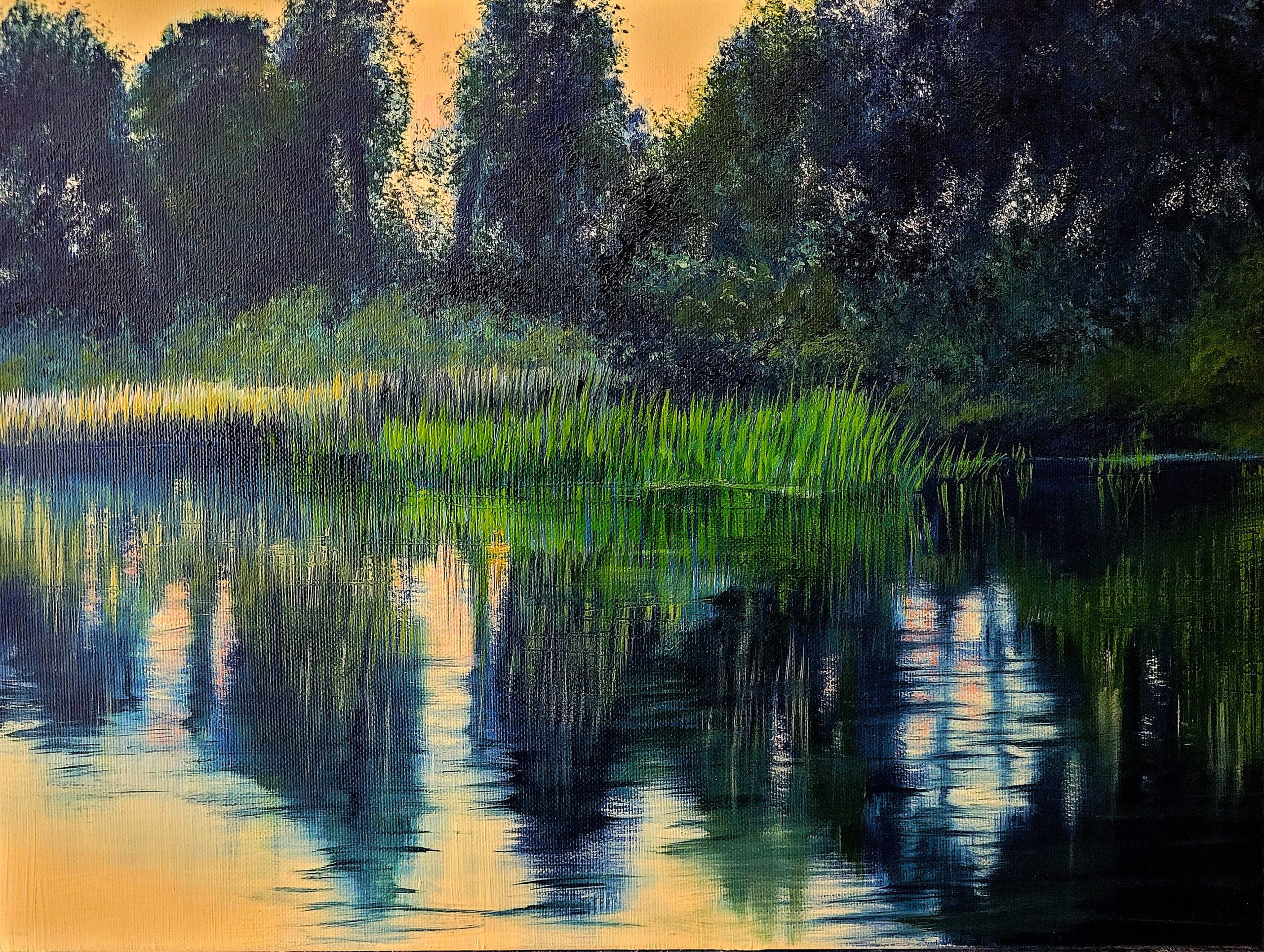 Obraz olejny autorstwa Jacka Malinowskiego, zatytułowany "Paessagio VIII". Dostępny w ofercie internetowej Galeria Wiele Sztuki. Pejzaż przedstawia zachód słońca nad spokojną rzeką lub jeziorem, z drzewami odbijającymi się w wodzie. Idealny dla kolekcjonerów sztuki współczesnej i miłośników malarstwa pejzażowego. Dostępny w Galerii Wiele Sztuki. Sztuka współczesna, malarstwo polskie, pejzaż, kupuj sztukę on-line.