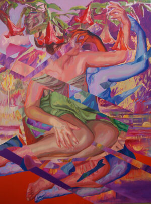 Katarzyna Jakubowska – „Entropia I”, obraz olejny na płótnie, 120x160 cm, 2020. Abstrakcyjny portret kobiety w otoczeniu czerwonych kwiatów i bujnej roślinności, w intensywnych barwach różu, fioletu, zieleni i błękitu, z elementami geometrycznymi i fragmentaryzacją. Dzieło dostępne w ofercie Galeria Wiele Sztuki – idealne do nowoczesnych wnętrz. Sztuka współczesna, malarstwo figuratywne, artystka polska, galeria online