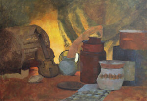 Czerwona martwa natura – obraz akrylowy Małgorzaty Jakieły, 100x70 cm, 2023. Ciepła kompozycja ze skrzypcami i naczyniami, dostępna w Galerii Wiele Sztuki. Sztuka współczesna, malarstwo figuratywne.