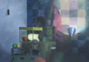 Martwa natura z czaszką – obraz akrylowy Małgorzaty Jakieły, 100x70 cm, 2023. Kompozycja Vanitas z czaszką, klatką i owocami w stonowanej kolorystyce. Dostępny w Galerii Wiele Sztuki, malarstwo współczesne.