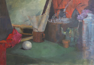 Zielona martwa natura – obraz akrylowy Małgorzaty Jakieły, 100x70 cm, 2023. Kompozycja z kulą, dzbankiem i kwiatami w zielono-czerwonej palecie. Sztuka współczesna dostępna w Galerii Wiele Sztuki.