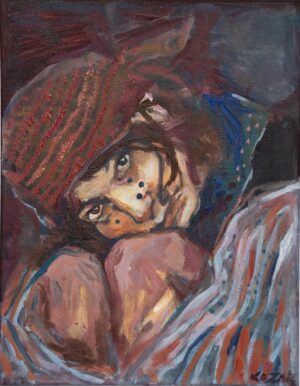 Obraz olejny 'W chustce' Aleksandry Kozak. Portret postaci w czerwonej chustce i pasiastym ubraniu, z melancholijnym spojrzeniem. Ekspresyjne pociągnięcia pędzla, bogata faktura. Dzieło dostępne w internetowej Galeria Wiele Sztuki. Sztuka współczesna, malarstwo figuratywne, obrazy na sprzedaż, sztuka do wnętrz, polski artysta. Format 40x50 cm, olej na płótnie.