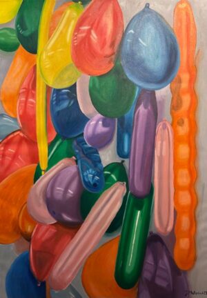 Obraz olejny Julii Matusiak 'Kompozycja balonowa', 100x140 cm, 2023. Dostępny w internetowej Galerii Wiele Sztuki. Sztuka współczesna, malarstwo olejne, balony, kolorowe obrazy. Obrazy z Galerii Wiele Sztuki – idealny wybór dla kolekcjonerów sztuki współczesnej i miłośników unikalnych dekoracji.