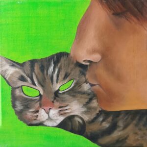 Obraz olejny Klary Kaczyńskiej 'Czucie 2', 30x30 cm, przedstawiający zbliżenie twarzy człowieka i kota, z jaskrawozielonym tłem. Sztuka współczesna, realistyczna z elementami surrealizmu. Dostępny online w Galerii Wiele Sztuki, idealny dla miłośników kotów i unikalnych dzieł sztuki. Obrazy na sprzedaż, sztuka on-line.