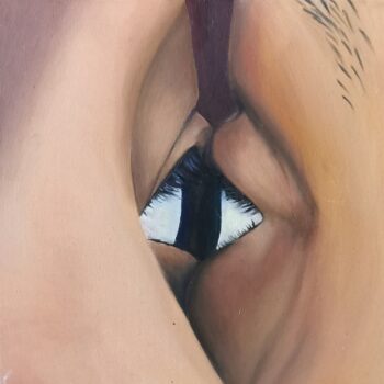 Obraz olejny Klary Kaczyńskiej „Czucie 5”', 30x30 cm, przedstawiający mocne zbliżenie z boku na dwie zetknięte ze sobą twarze, których oczy prawie się dotykają. Dzieło zmysłowe, intymne, studium detalu, z elementami surrealizmu. Dostępne online w Galerii Wiele Sztuki, idealne dla koneserów sztuki współczesnej i nietypowych perspektyw.