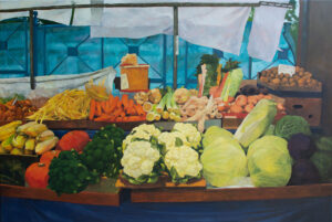 Obraz olejny Małgorzaty Jakieły „Martwa natura z warzywami” – realistyczne malarstwo polskie, targ warzywny, świeże produkty. Kup online w Galeria Wiele Sztuki. Sztuka współczesna, malarstwo figuratywne, obrazy do kuchni, obrazy na ścianę.