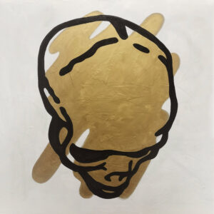 Galeria Wiele Sztuki, kwadratowy (120x120 cm) obraz „Bez tytułu” (2024) autorstwa Pawła Franciszka Jaskuły, wykonany w technice mieszanej (olej i akryl na płótnie). Dzieło przedstawia minimalistyczny, czarny kontur ludzkiej czaszki na tle grubej, złotej plamy farby. Tło obrazu jest białe. Styl nawiązuje do pop-artu i komiksu. Galeria on-line, sztuka współczesna, najlepsze polskie obrazy.