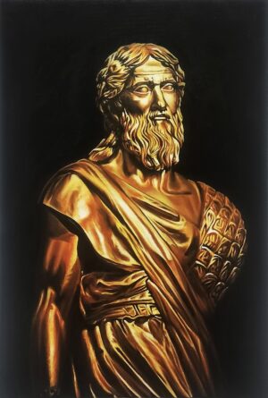 Obraz olejny „Smutny Jazon” (2024) autorstwa Pawła Franciszka Jaskuły. Realistyczny portret przedstawiający złote popiersie brodatego mężczyzny w stylu antycznym. Postać, nawiązująca do mitologicznego Jazona, ma smutny wyraz twarzy i wyłania się z głębokiego, czarnego tła. Olej na płótnie, 40x60 cm. Galeria Wiele Sztuki – sztuka współczesna.