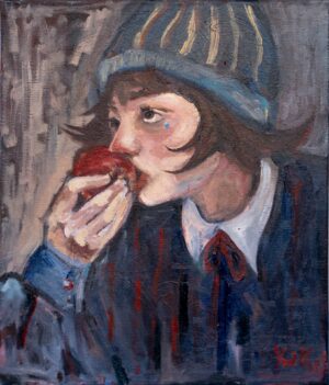 Galeria Wiele Sztuki, Obraz olejny „Dziewczyna z jabłkiem” Aleksandry Kozak. Młoda dziewczyna w kapeluszu i ciemnym ubraniu gryzie czerwone jabłko. Stonowana paleta barw, ekspresyjne pociągnięcia pędzla. Dzieło dostępne w internetowej Galeria Wiele Sztuki. Sztuka współczesna, malarstwo figuratywne, obrazy na sprzedaż, sztuka do wnętrz, polski artysta. Format 40x50 cm, olej na płótnie.