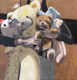 Szkic olejny do obrazu Julii Matusiak „Nie mogę pozwolić Wam odejść”, przedstawiający dłonie kurczowo ściskające pluszowe zabawki. Dostępny w ofercie Galeria Wiele Sztuki.