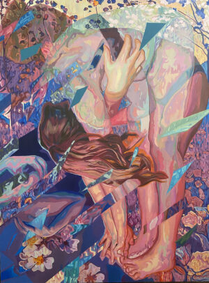 Obraz olejny 'Entropia IV' Katarzyny Jakubowskiej, rok 2020. Dzieło sztuki współczesnej przedstawiające fragmentaryczne postaci ludzkie i abstrakcyjne formy w dynamicznej, wielobarwnej kompozycji. Charakterystyczne dla serii 'Entropie', z dominującymi odcieniami różu, fioletu i błękitu. Idealny do nowoczesnych wnętrz. Dostępny w ofercie internetowej Galeria Wiele Sztuki. Sztuka na sprzedaż, obraz olejny, malarstwo współczesne, Galeria Wiele Sztuki.