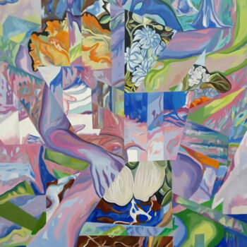 Obraz olejny "Entropia VI" autorstwa Katarzyny Jakubowskiej, o wymiarach 120x160 cm, z 2021 roku. Abstrakcyjna kompozycja z fragmentami figuratywnymi, dominujące kolory to odcienie różu, błękitu, zieleni, fioletu i pomarańczy. Dostępny w ofercie internetowej Galeria Wiele Sztuki. Sztuka współczesna, malarstwo polskie, obraz na płótnie, galeria sztuki online