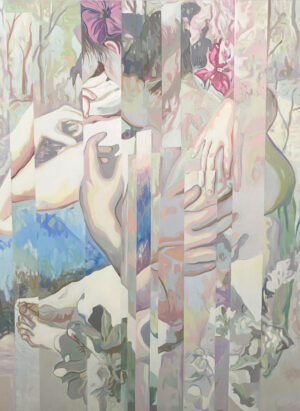 Obraz olejny autorstwa Katarzyny Jakubowskiej, zatytułowany „Entropia V”, dostępny w internetowej galerii sztuki Galeria Wiele Sztuki. Na obrazie widoczne są fragmenty postaci ludzkiej i roślinności, przedstawione w rozmytych, pastelowych barwach z efektem pionowych pasów. Idealny dla kolekcjonerów poszukujących nowoczesnego malarstwa figuratywnego i sztuki współczesnej.