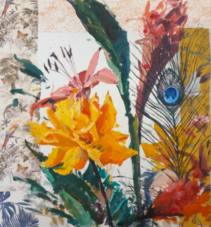 Katarzyna Piriankov, „Kwiaty I” z cyklu Carpe Diem – obraz w technice olejnej z kolażem (2021). Dynamiczna, kolorowa martwa natura z dużym żółtym kwiatem, różową lilią i pawim piórem na tle wzorzystych, tropikalnych kolaży. Radosne malarstwo współczesne dostępne w ofercie galerii sztuki online Galeria Wiele Sztuki.